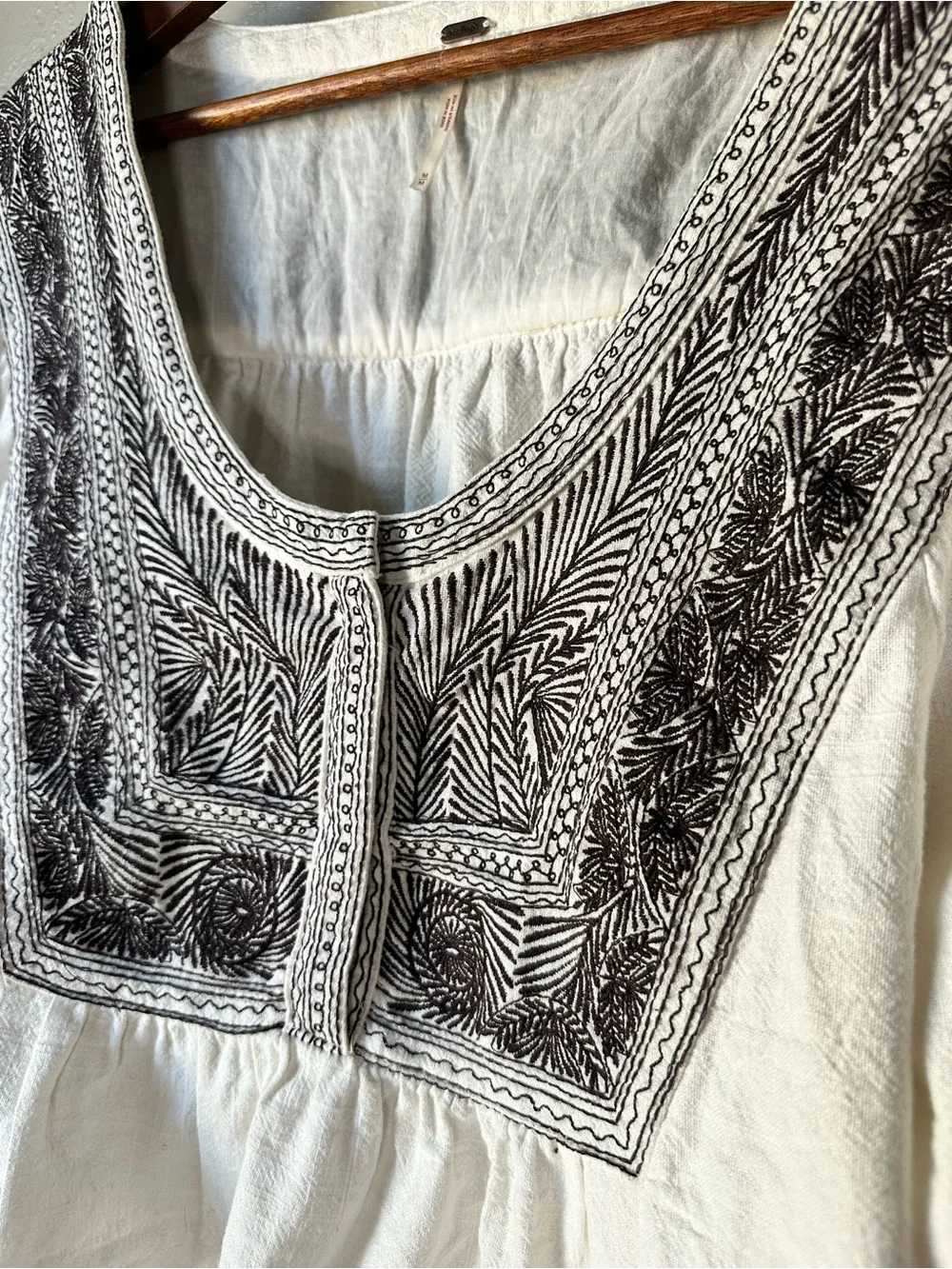 Free People White Blouse with Gray Embroidered Yoke